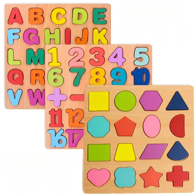 Kit de madeira 3 em 1: letras, números, formas